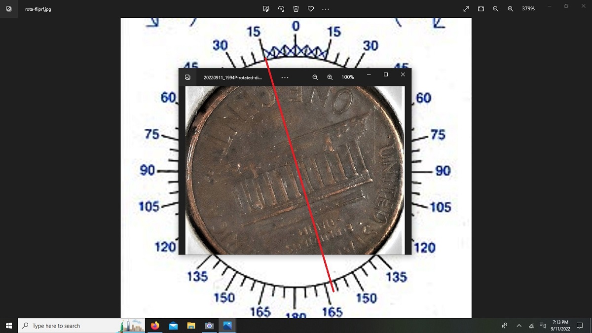 1994-P-Lincoln-Cent-Rotated-Die,-160-170-Degree.