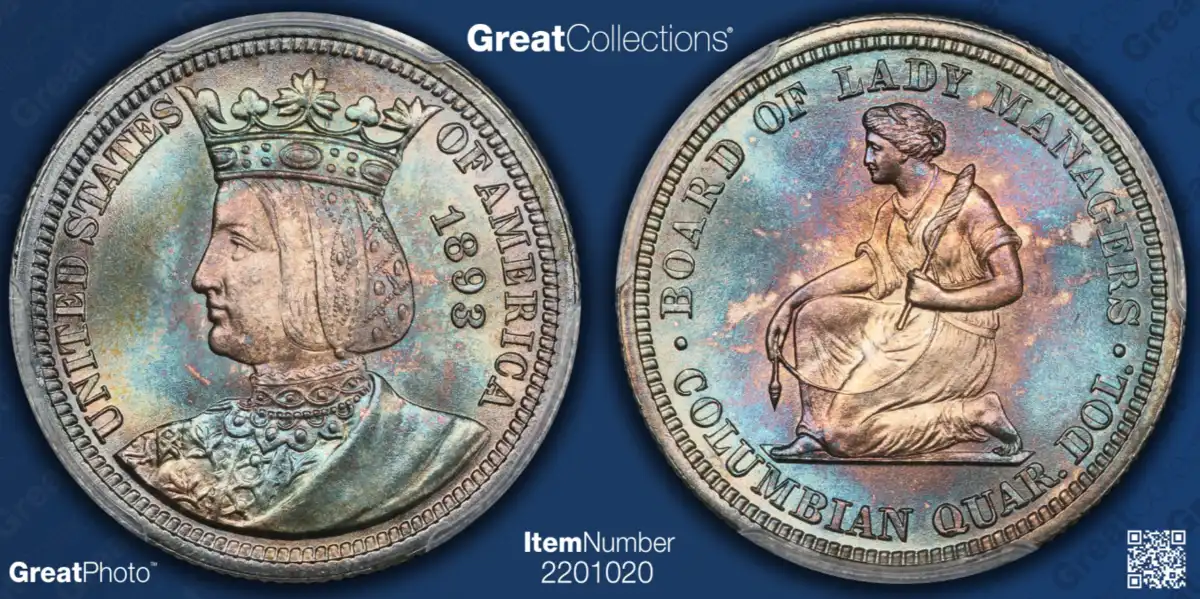 1893-World-Columbian-Exposition,-Isabella-Quarter-PCGS-MS-68+-Cac-Green-Toned-Schultz-On-Gc.