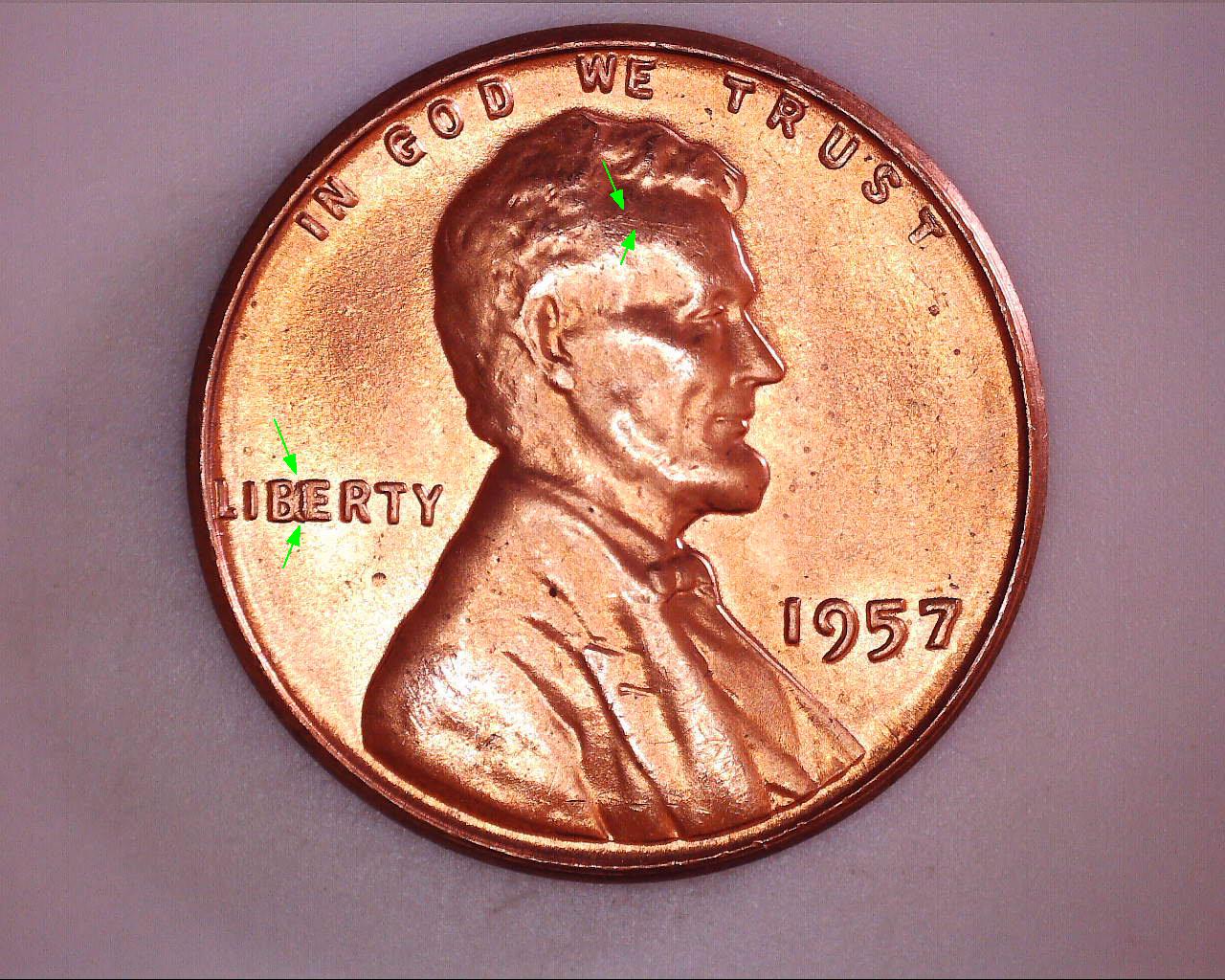 1957---Lincoln-Cent-Wheat---RD-With-BIE-&-Cracked-Skull