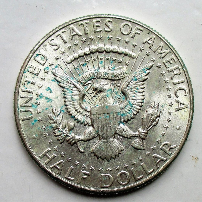 Green-Spots-On-A-1968-Or-69-Kennedy-Half-What-Is-Is-Bad-Clad-Job.