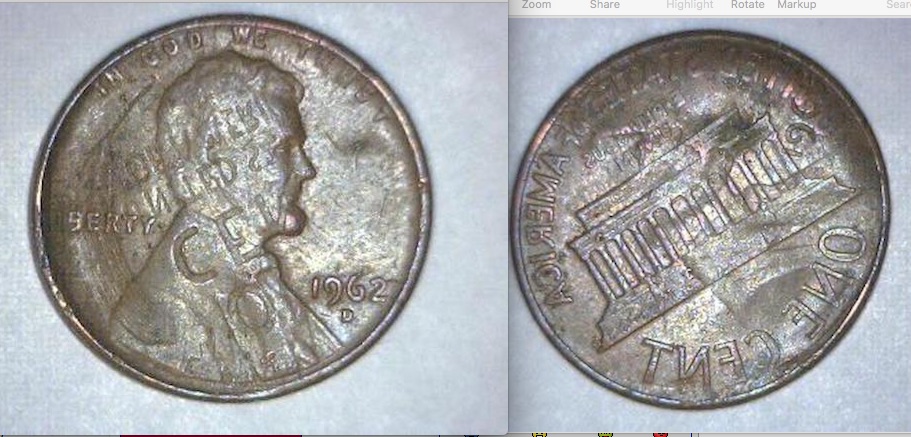 1962-D-Lincoln-With-Wheat-Cent-Struck-Through-On-OBV-&-Rev