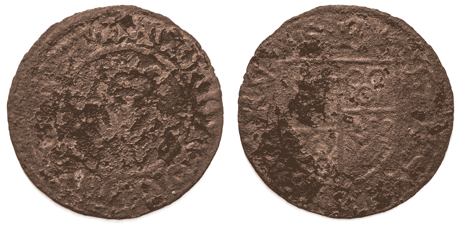 Medieval-Token-With-Three-Crowns,-Annulets,-And-Bear's-Head.