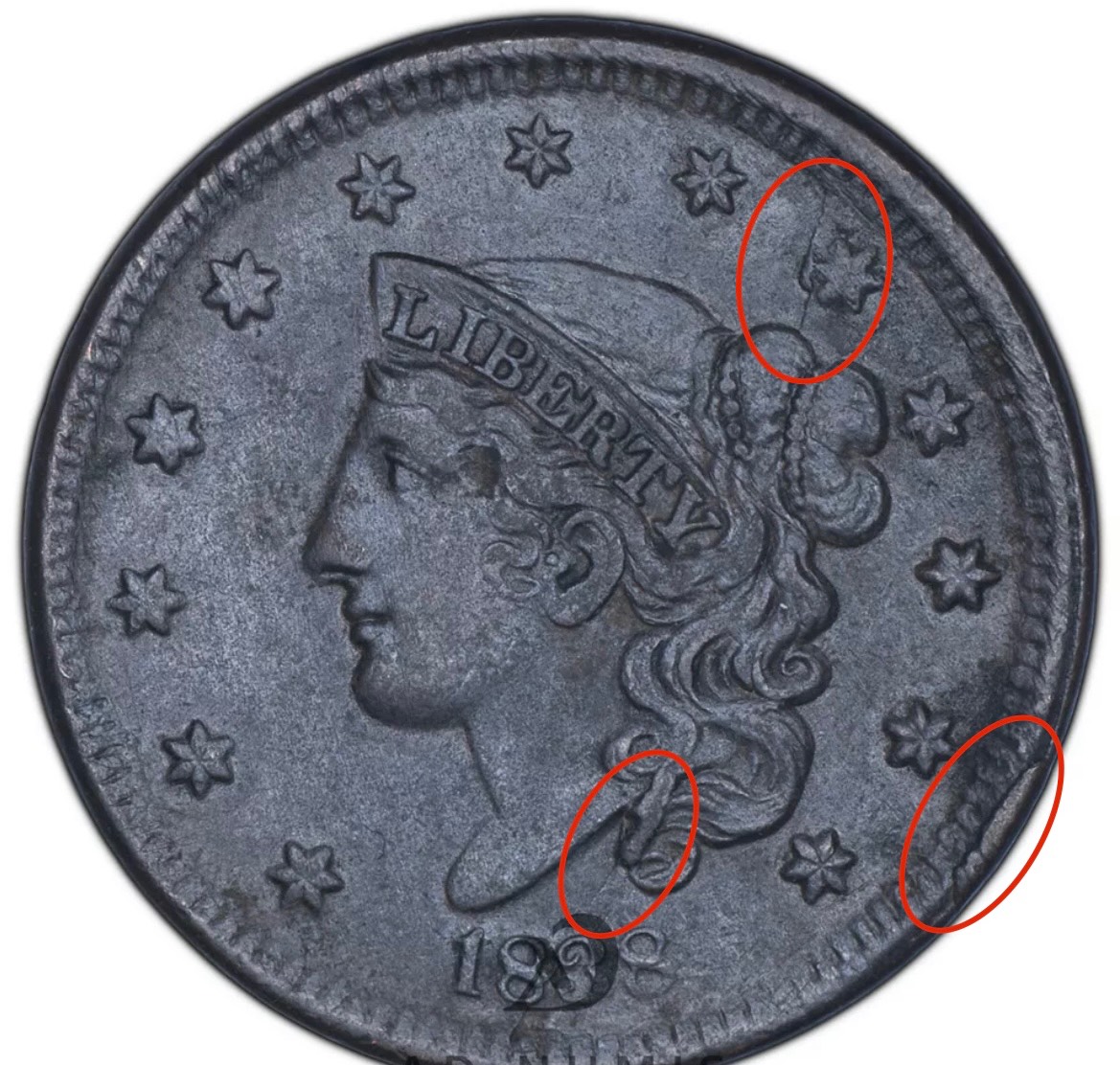1838-Coronet-Liberty-Head-Large-Cent-Die-Crack-&-Cud-Break