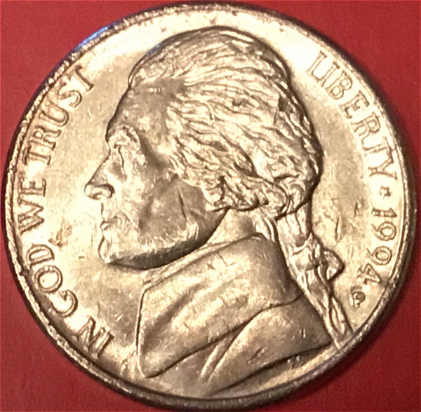 1994-P-Jefferson-Nickel-Struck-Thru-Somethig?
