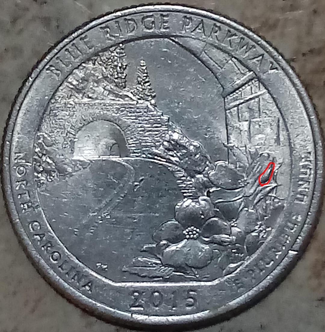 2015-P-Blue-Ridge-Parkway-DDO-Liberty,-IGWT,-Quarter-Dollar,-Mint-Mark/R-Catapillar-Die-Chip-On-Leaf