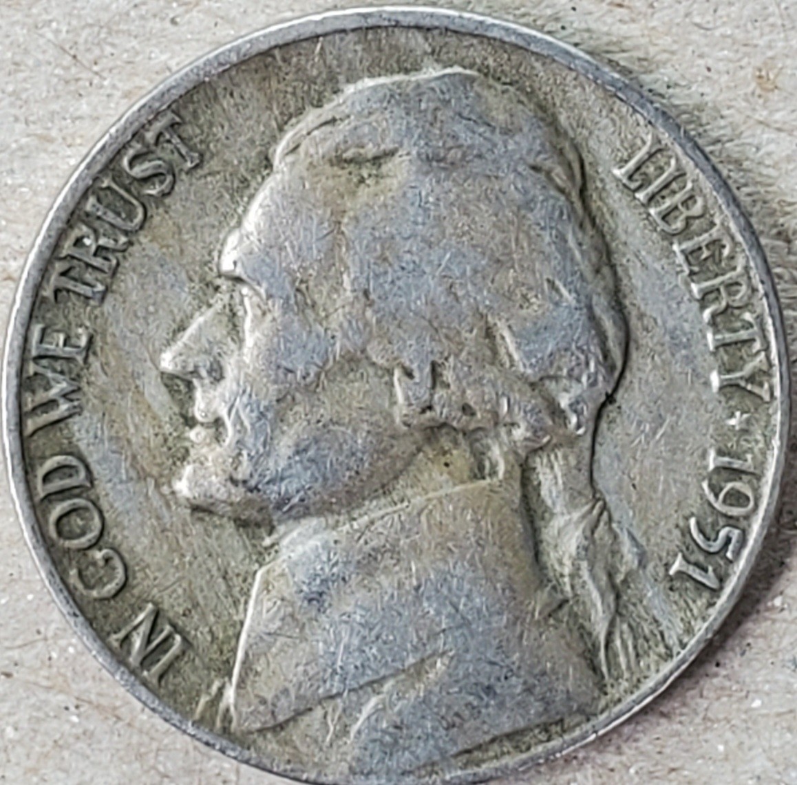 1951-D-Jefferson-Nickel-With-Yellow-Streaks,-Alloy-Or-Toning