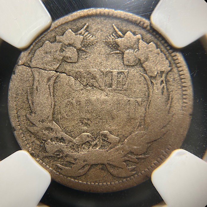 1857-Flying-Eagle-Cent--~85%-Cracked-Planchet-NGC-F15