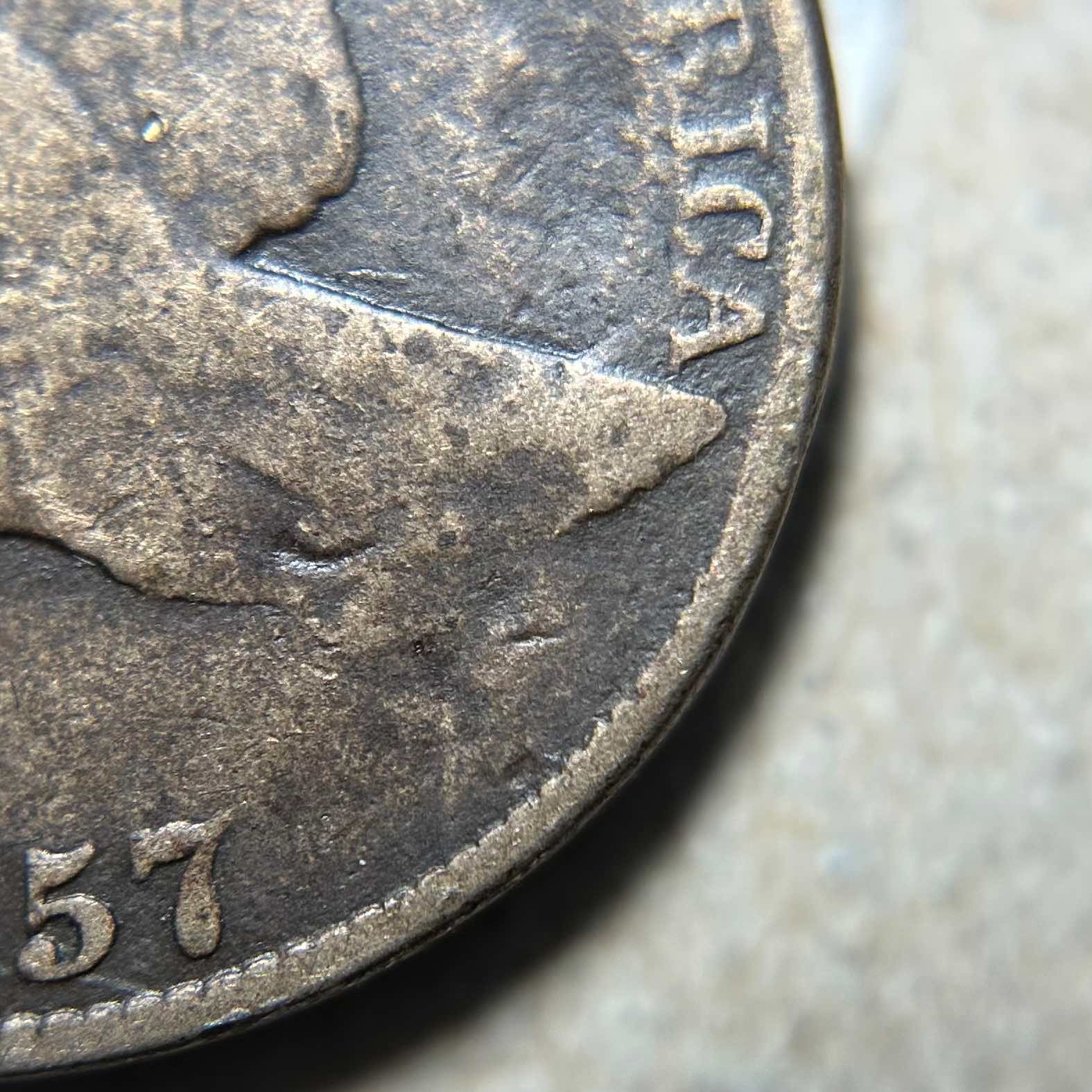 1857-Flying-Eagle-Cent--Obverse-Die-Clash-With-$20,-Snow-7,-FS-403