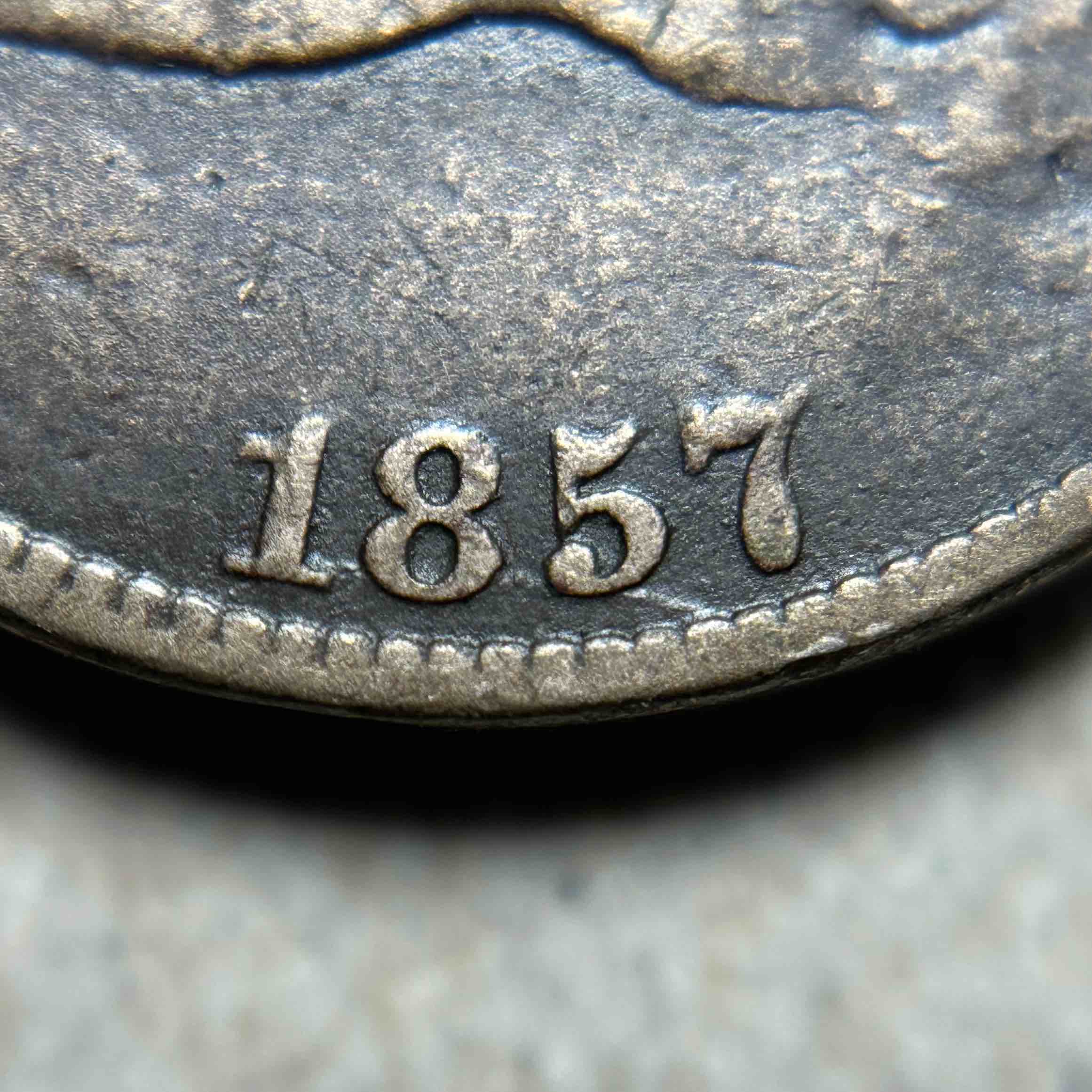 1857-Flying-Eagle-Cent--Obverse-Die-Clash-With-$20,-Snow-7,-FS-403