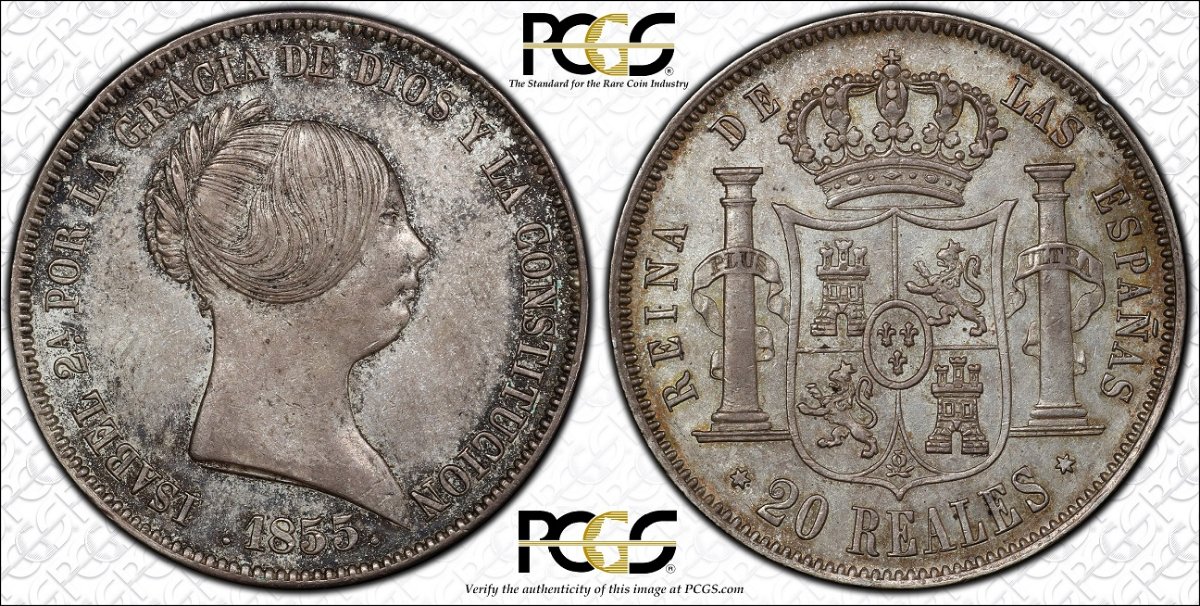 Spain---1855---20-Reales---Madrid-6-Pt.-Star---PCGS-MS-62