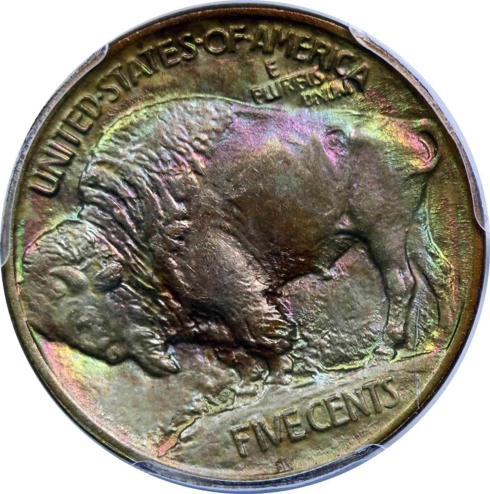 1913-Monster-Rainbow-Toned--Buffalo-Nickel-Type-I-Obverse-And-Reverse