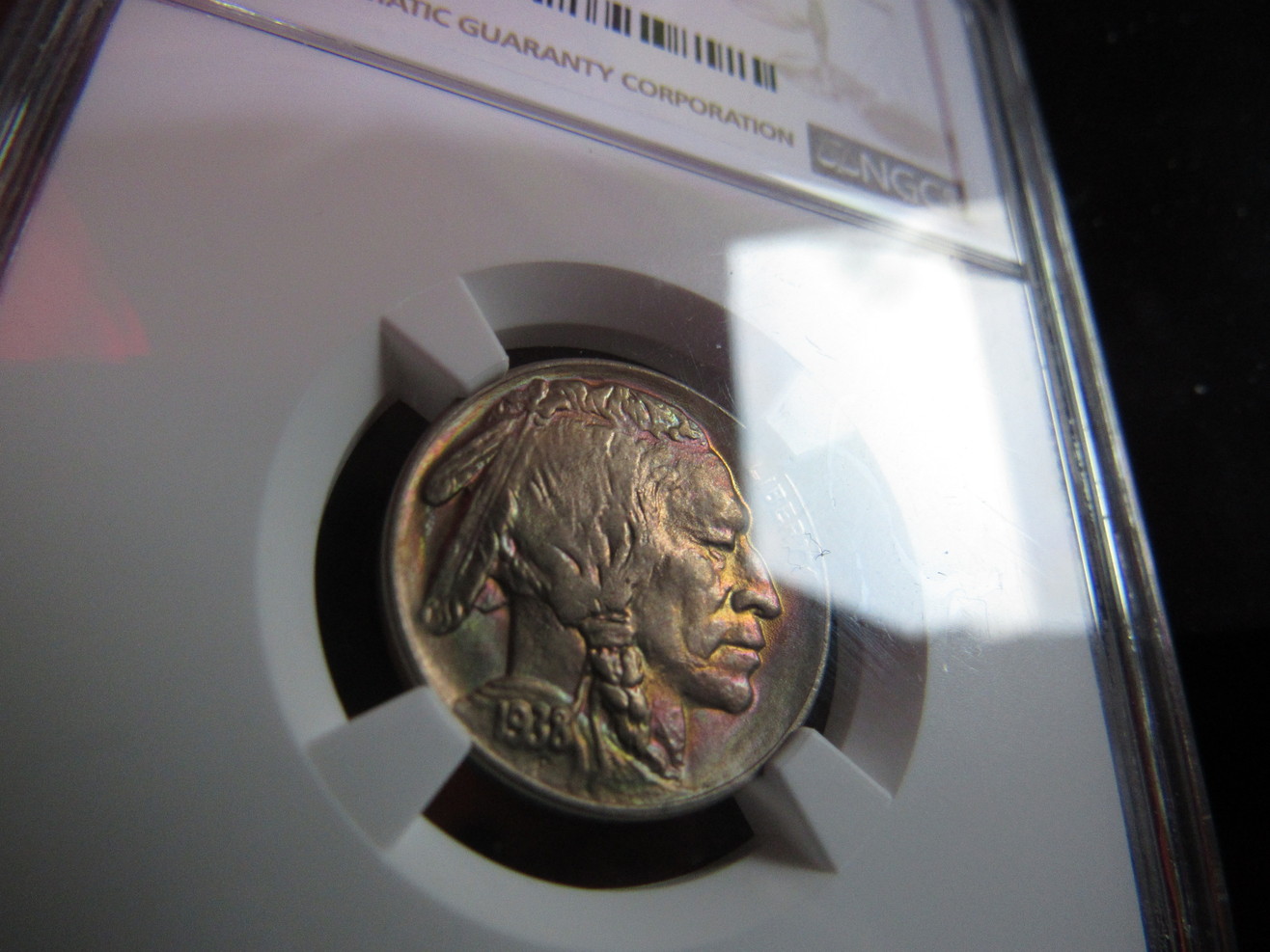 1938-D/D-Colorful-Buffalo-Nickel-On-Obverse-Slight-Color-Reverse-MS-65