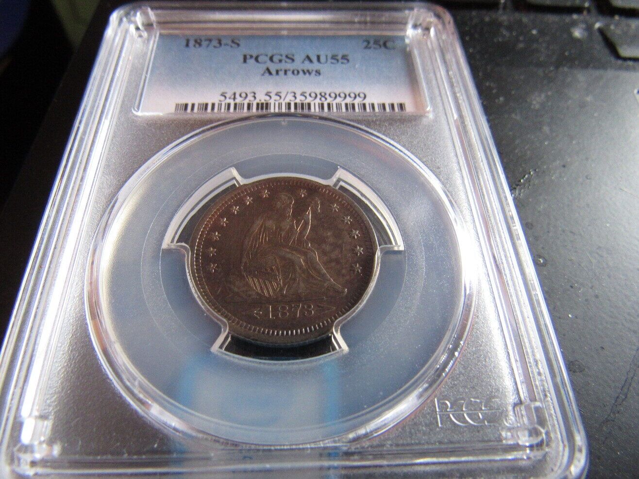 1873-S-Seated-Liberty-Quarter-AU-55-With-Arrows