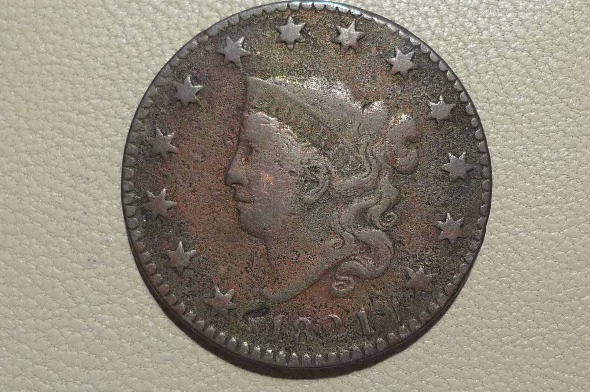 1821-One-Cent-,-Coronet-Head-.