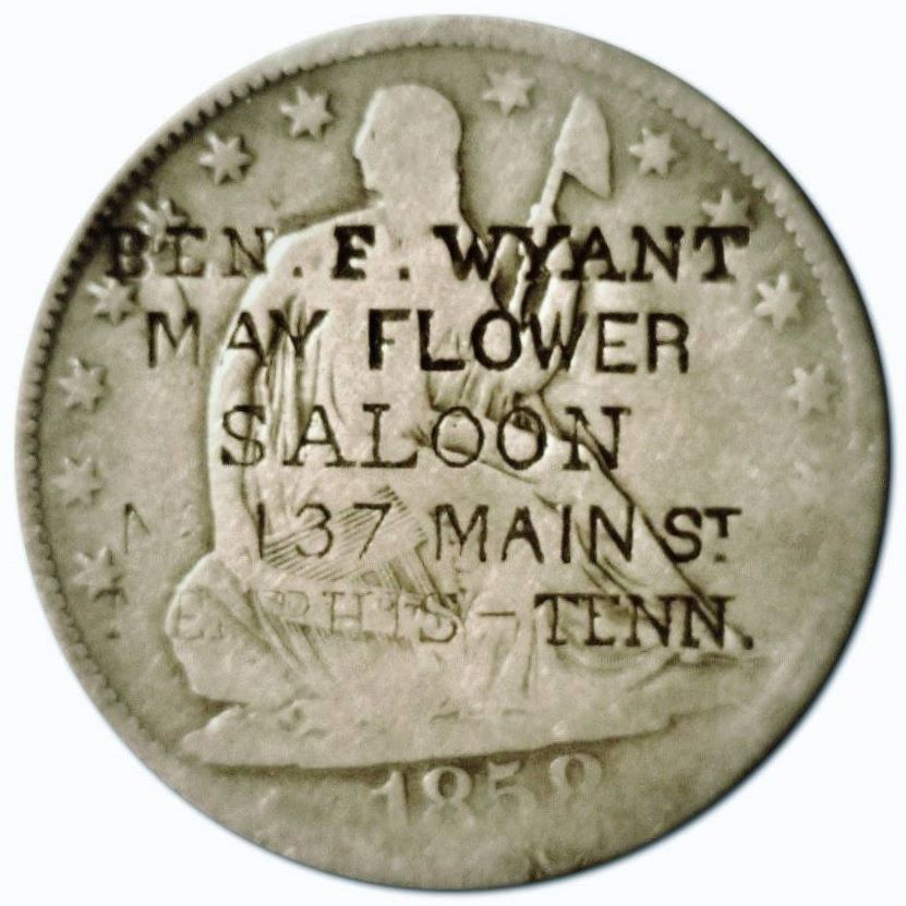 Saloon-Counterstamp-On-An-1858-O-Seated-Half