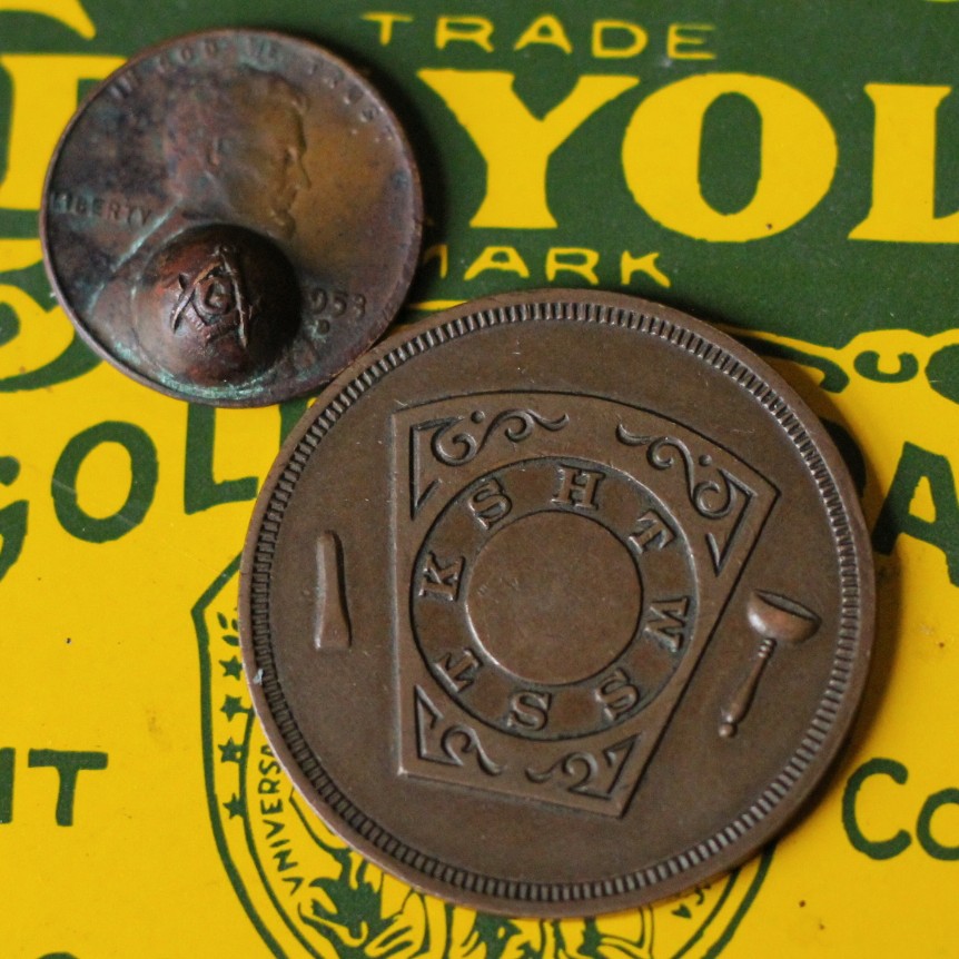 Masonic-Tokens,-Coins-And-Counter-Stamped-Pennies