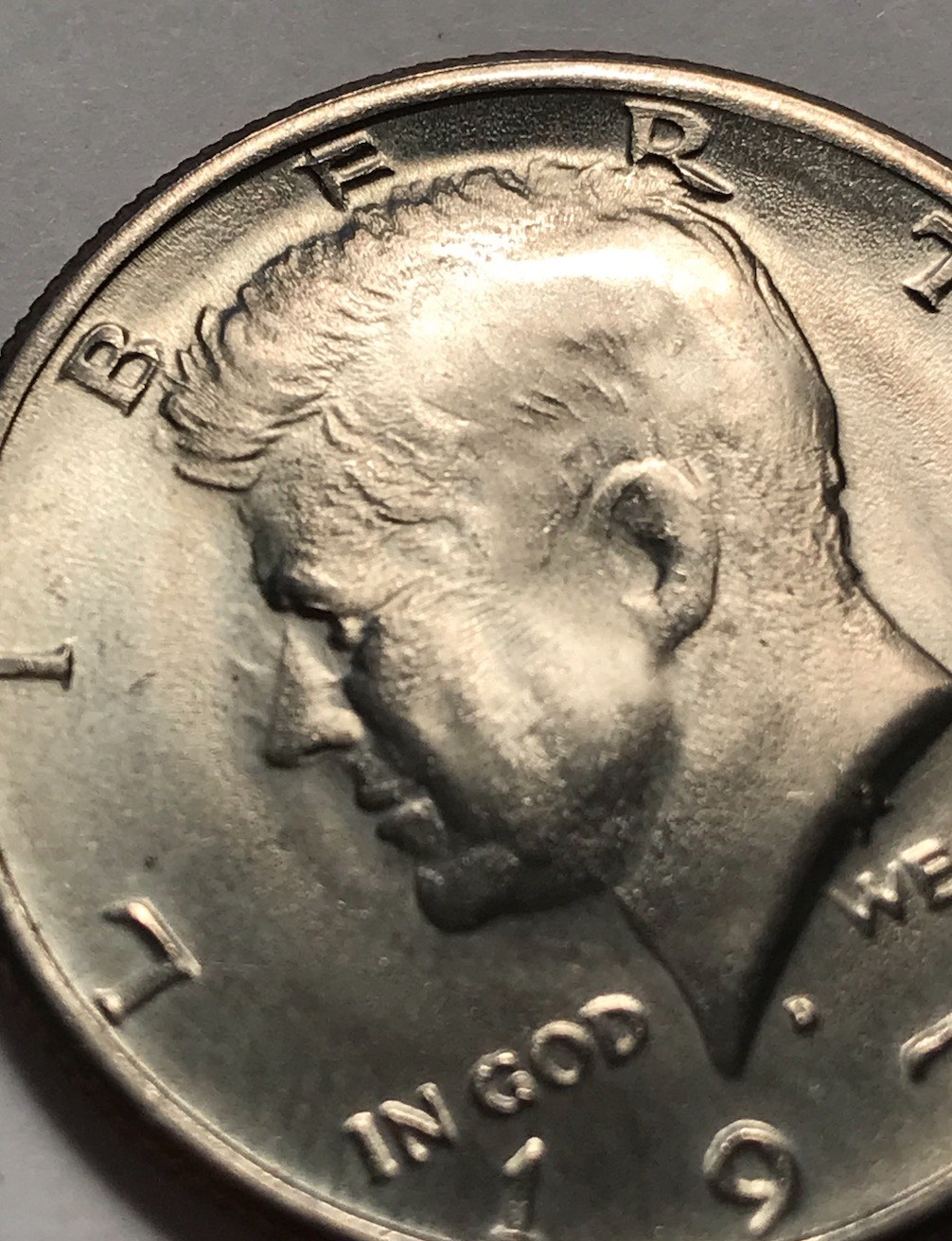 1974-Kennedy-Half-Dollar,-Completely-Blank,-Smooth-Space-On-Bridge-Of-Nose