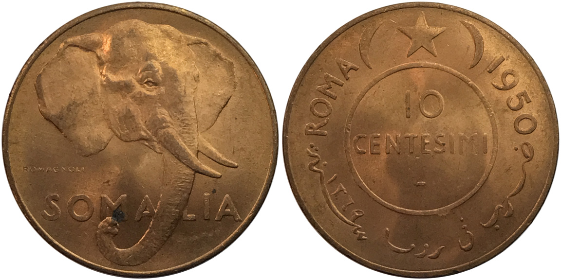 1950-Prova-Somolia-10-Centesimi-PCGS-SP-63RB-Featuring-An-Elephant