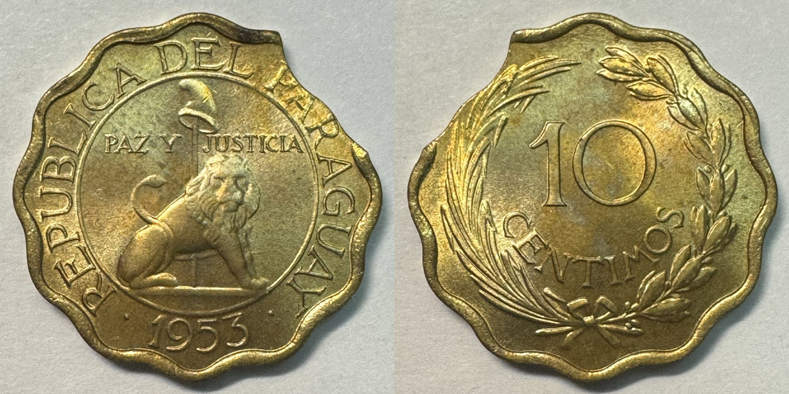 Paraguay-10-Centimos-1953---Clipped-Planchet