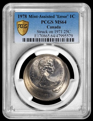 1978-Canadian-Cent-Struck-On-1971-Canadian-Quarter-PCGS-MS-64