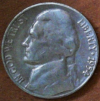 1954-S-Jefferson-Nickel:-Devices-In-Liberty-Are-Crowded