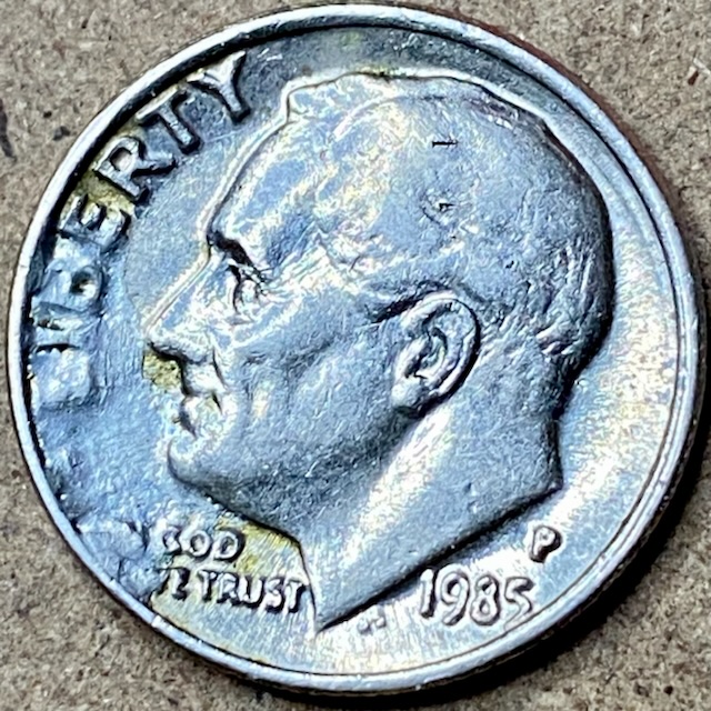 1985-P-Dime.-Struck-Through-Both-Sides.