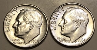 Two-1964-D-Roosevelt-Dimes-That-Are-Mirrored,-Down-To-The-MD-On-The-MM.