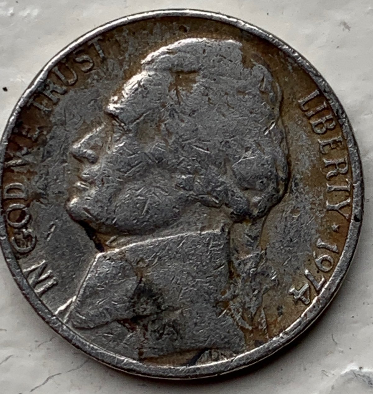 1974-Nickel-Die-Chips-And-Something-Like-A-Cud-On-Lower-Rim,-Unsure