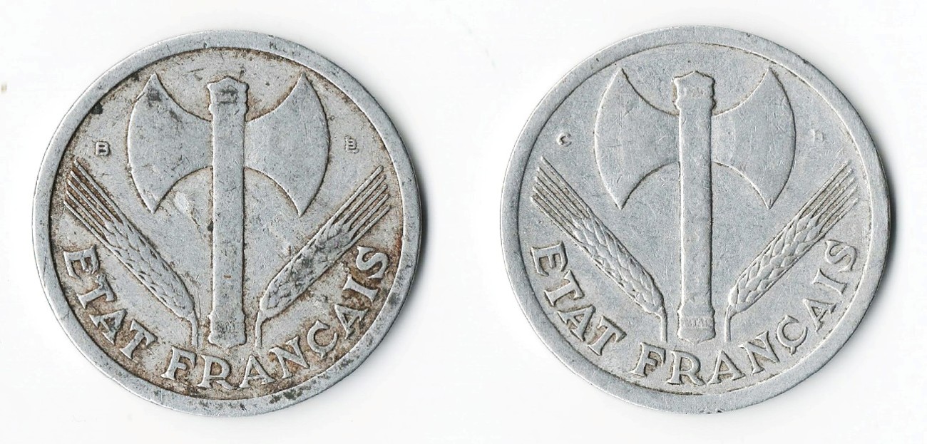 Mint-Mark-On-1943/44-French-Vichy-2-Franc-Coins