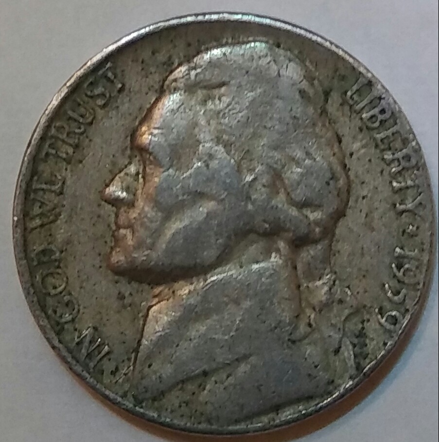 1959-D-Jefferson-Nickle-..does-Anyone-Know-What-Dented-The-Reverse-Side-?