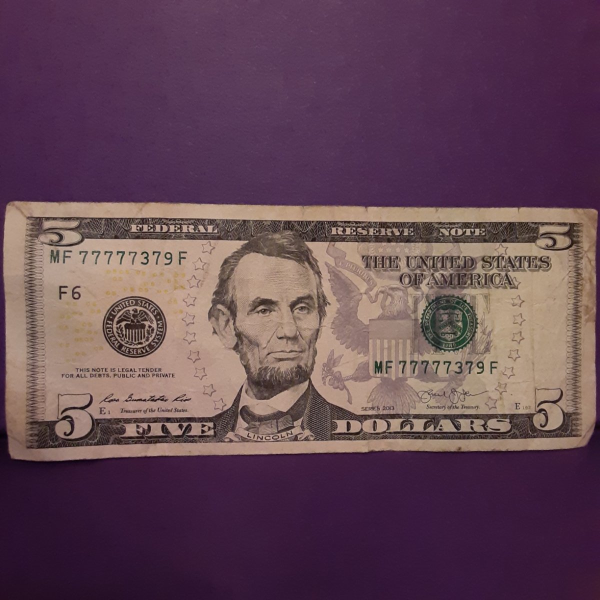 $5-Bill-With-Unique-Serial-Number-77777379-Condition-Value