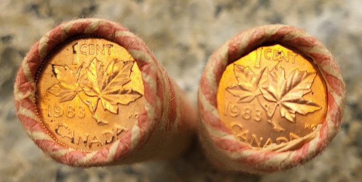 1983-1-Cent,-Near-Beads,-Mint-Rolls-In-Loomis-Wrapped-Rolls.--Lucky-Find