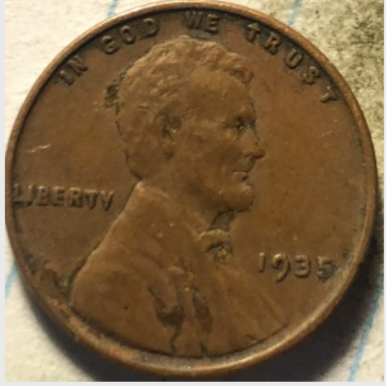 1935-Lincoln-Wheat-Cent-Foreign-Metal-On-Surface?-Appears-Gold?