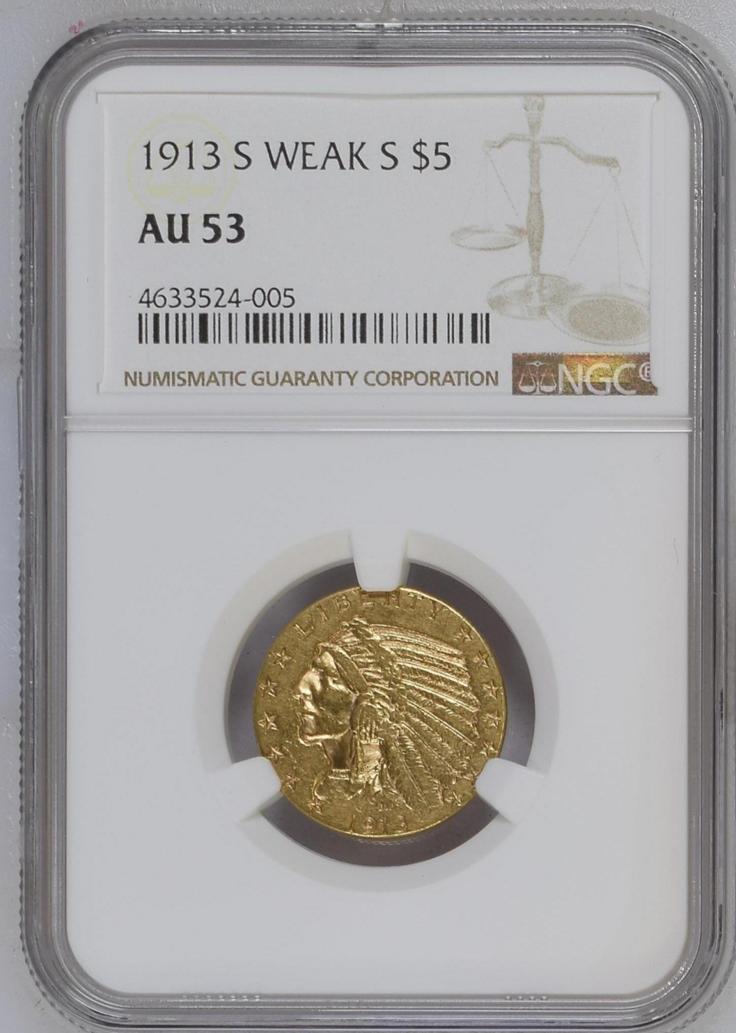 1913-S-Weak-S-$5-For-Grading-More-Images