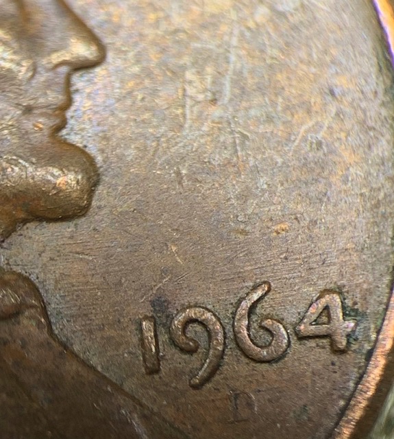 1964-D-Lincoln,-Heavy-Abrasion-On-The-Mint-Mark-Field,-Not-An-Error-But-Neat