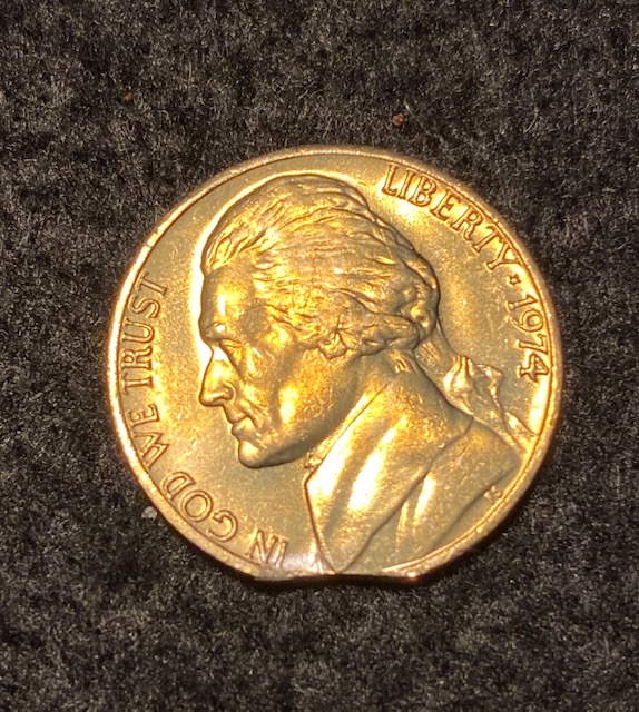 1974-Jefferson-Nickel-Mint-Error?-Irregular-Cut-Planchet