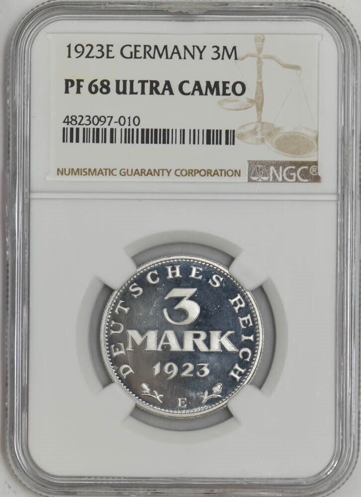 Spectacular-PF-68-Ultra-Cameo-1923e-German-3-Mark