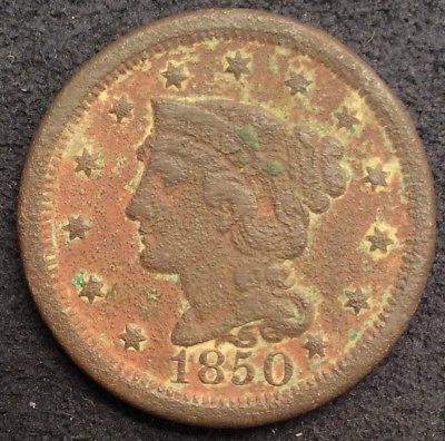 1850-Braided-Hair-Large-Cent,-Badly-Corroded.