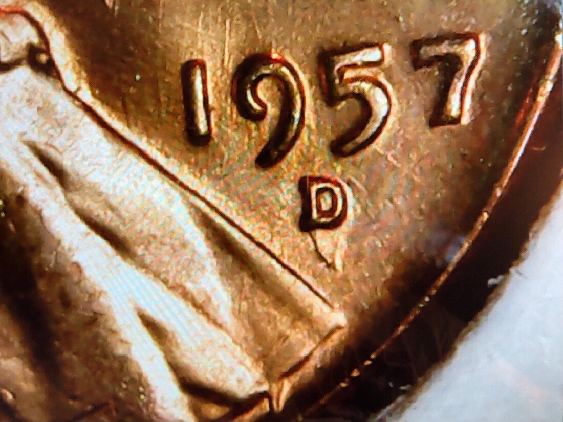 1957-D-Lincoln-Cent-With-Large-Chunk-Under-MM-And-Die-Scratches-On-Neck