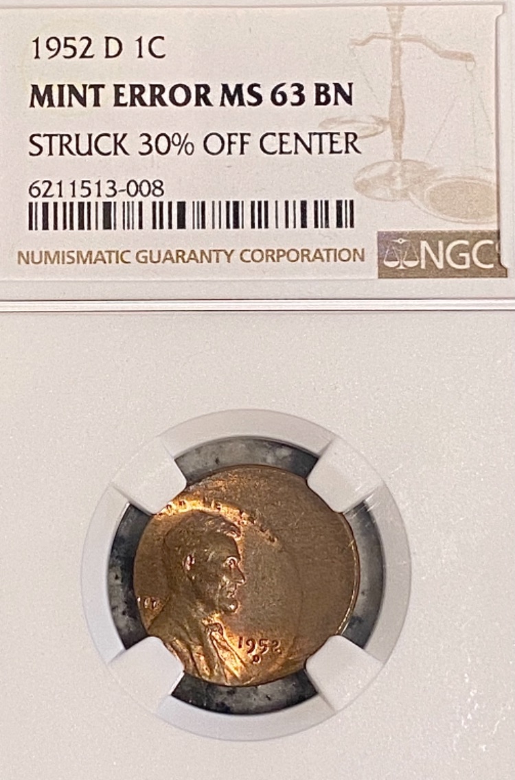 1952-D-Lincoln-30%-Off-Center-On-Odd-Planchet