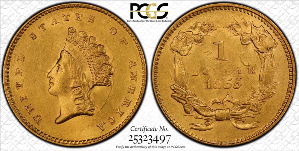 Finest-Known-Friday:-1855-Type-2-Gold-Dollar,-PCGS-MS-67+-CAC