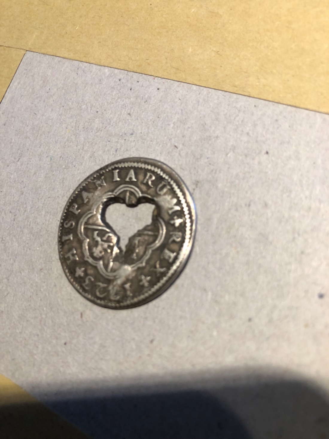 Possibly-A-1723-S,-2-Reales-Coin-Altered-In-Gibraltar-With-Heart-Cut-Out