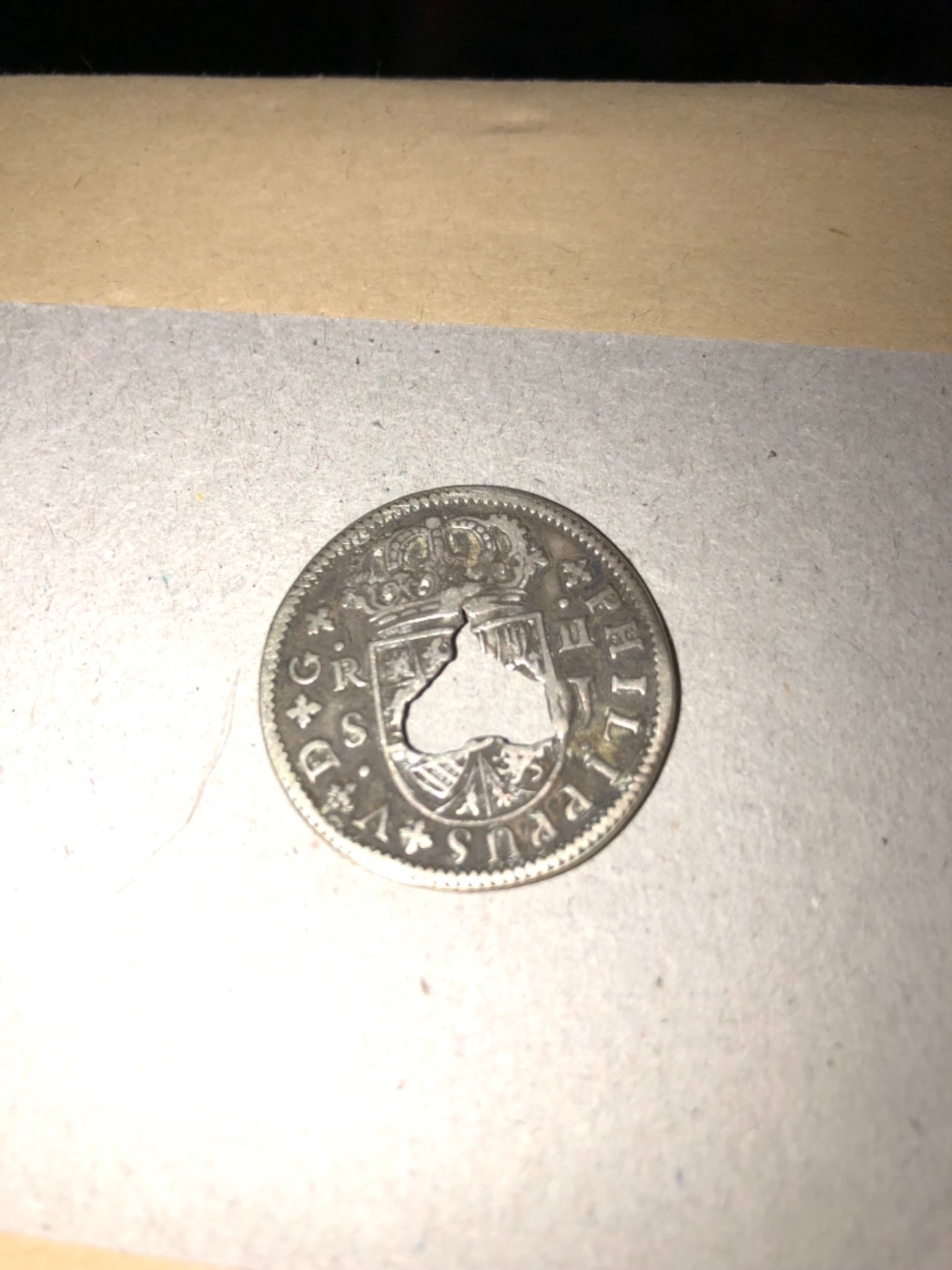 Possibly-A-1723-S,-2-Reales-Coin-Altered-In-Gibraltar-With-Heart-Cut-Out