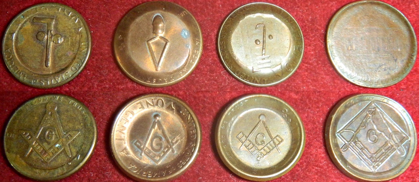 Masonic-Tokens,-Coins-And-Counter-Stamped-Pennies