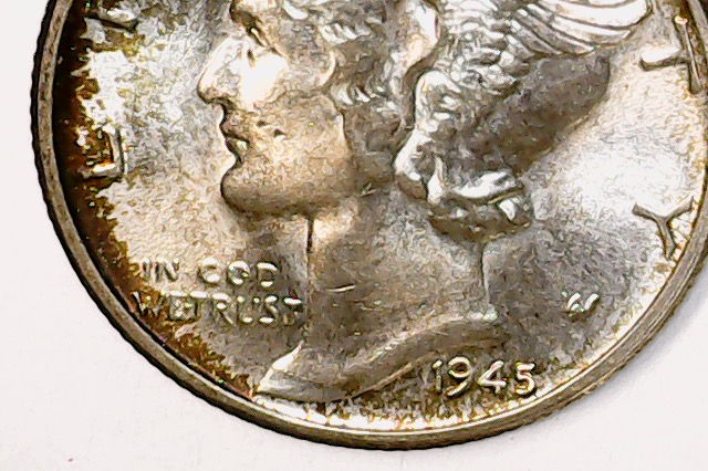 1945-Mercury-Dime.-Extreme-Toning-On-Reverse