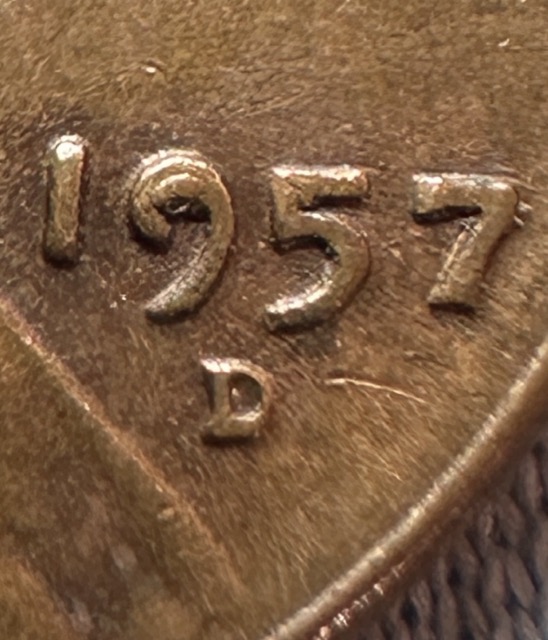 1957-D-Lincoln-Wheat-Cent,-Spike-Head-And-Die-Chip