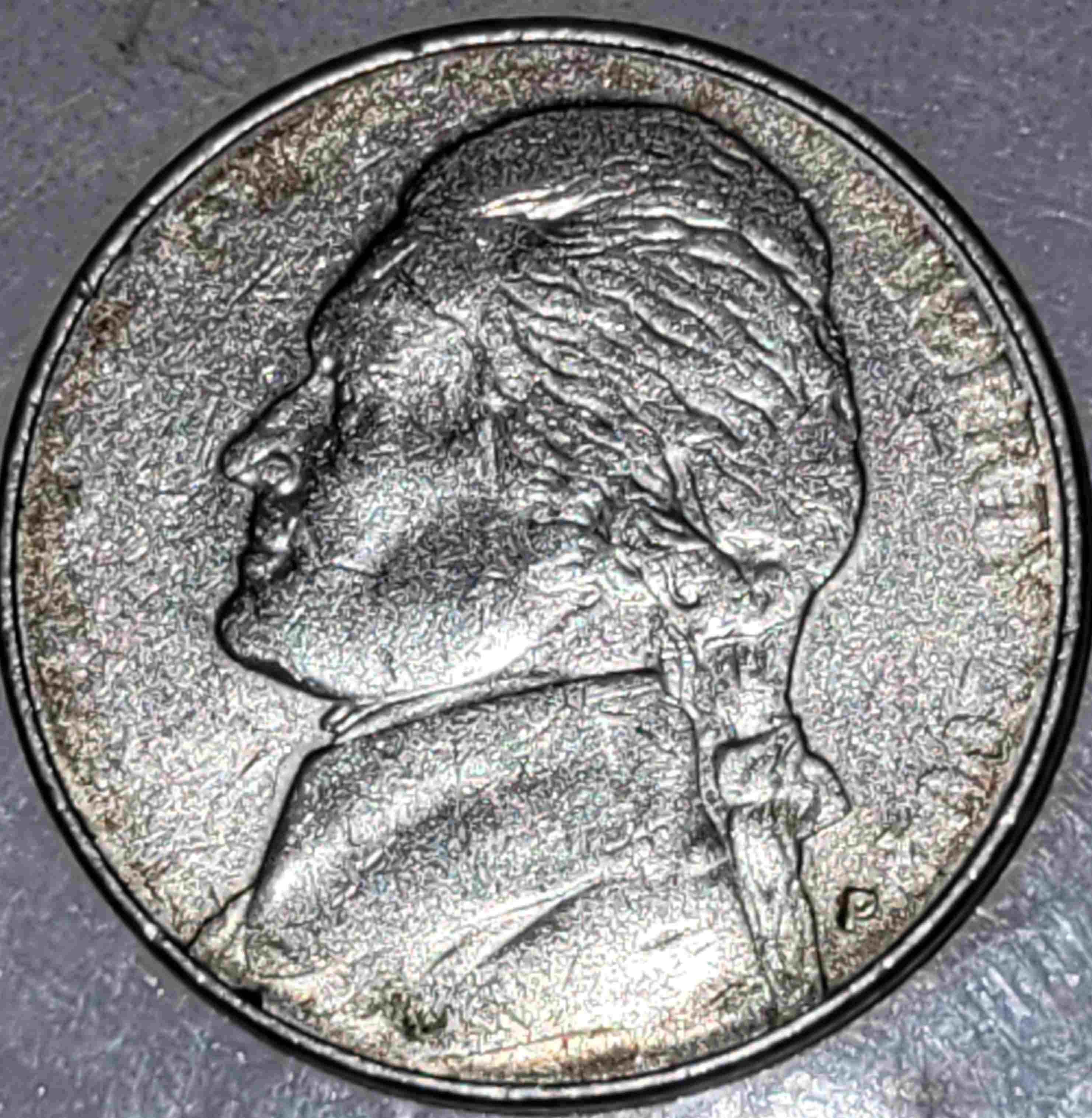 2004-P-Nickel-Stuck-Through-Grease?-Almost-All-Front-Lettering-Missing