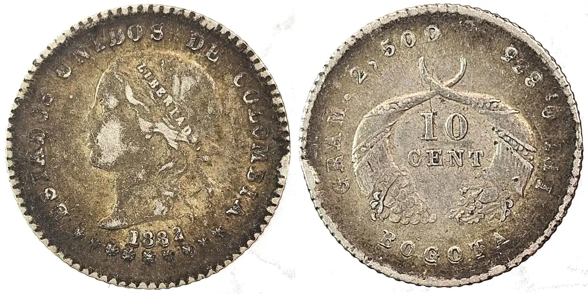 Colombia-1882-10-Cent---Overdate