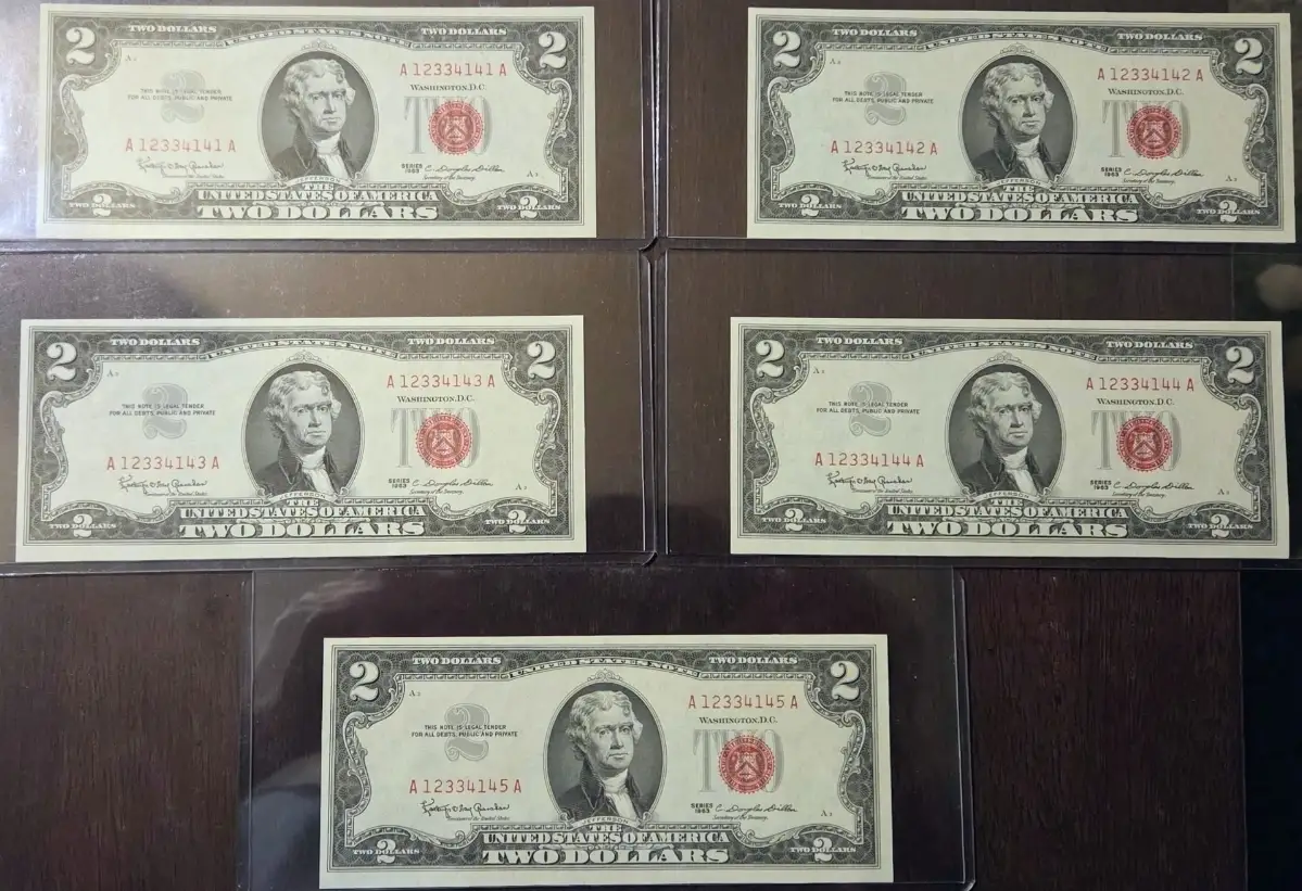 Value-Of-Five-Consecutive-1963-Two-Dollar-Bills-Red-Seals