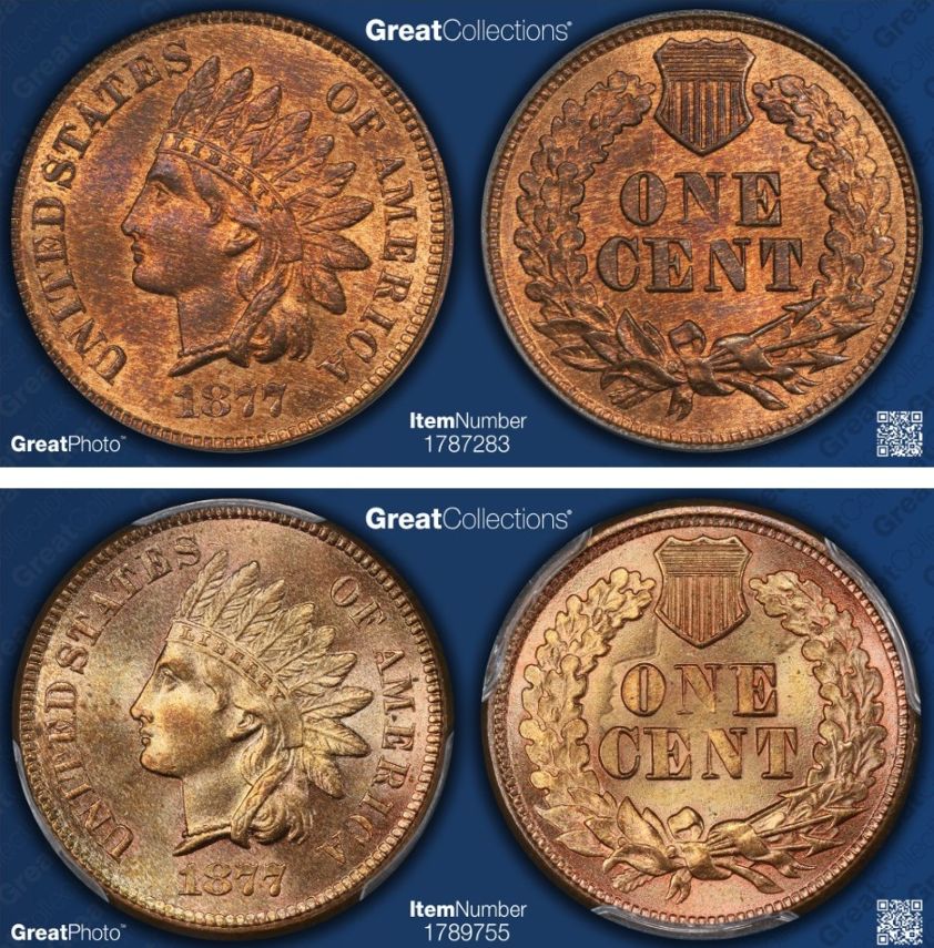 1877-Indian-Head-Cent-PCGS-Old-Green-Holder-MS-65-RB,-CAC-/-Gold